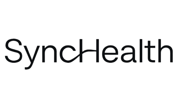 The image shows the word SyncHealth in black text on a light background. The letter H in Health is creatively merged with the letter c in Sync forming a continuous, flowing connection.